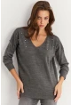 Kadın Gri V Yaka Taşlı İnce Triko Bluz YİL002