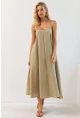 Kadın Haki Ayarlanabilir Askılı Midi Keten Elbise DMR355