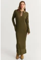 Kadın Haki Polo Yaka Triko Maxi Elbise MNUV17
