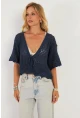 Kadın İndigo Triko Ajurlu Hırka YV255