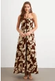 Kadın Kahverengi Büzgülü Desenli Midi Elbise KAB304