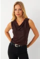 Kadın Kahverengi Degaje Yaka Kolsuz Bluz LPP1297