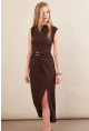 Kadın Kahverengi Eteği Kruvaze Tokalı Midi elbise KED7340