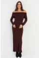 Kadın Kahverengi Madonna Yaka Maxi Elbise LİK10