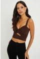 Kadın Kahverengi Önü Büzgülü Crop Bluz B189