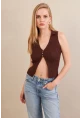Kadın Kahverengi Polo Yaka Yumoş Yelek ZH050