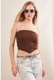 Kadın Kahverengi Straplez Triko Crop Bluz ZH049