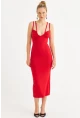 Kadın Kırmızı Çift Askılı V Yaka Midi Elbise EY3087