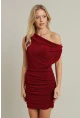 Kadın Kırmızı Degaje Yaka Büzgülü Mini Elbise YEL96