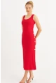 Kadın Kırmızı Düğme Detaylı Kaşkorse Midi Elbise EY2837