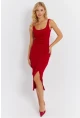 Kadın Kırmızı Fiyonk Detaylı Yırtmaçlı Midi Elbise KED4283