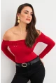 Kadın Kırmızı Halka Aksesuarlı Madonna Yaka Crop Bluz RLO3043