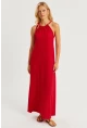 Kadın Kırmızı Halter Yaka Bürümcük Midi Elbise EY2788