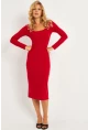 Kadın Kırmızı Kare Yaka Midi Elbise CG382