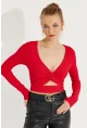 Kadın Kırmızı Önü Düğümlü Crop Bluz AYD244
