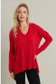 Kadın Kırmızı V Yaka Taşlı İnce Triko Bluz YİL002