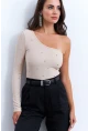 Kadın Krem Taşlı Tek Kol Crop Bluz HOL2