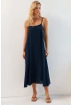 Kadın Lacivert Ayarlanabilir Askılı Midi Keten Elbise DMR355