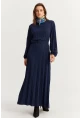 Kadın Lacivert Kemerli Plili Maxi Elbise ALZ500