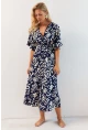 Kadın Lacivert Kruvaze Desenli Midi Elbise YZ1152