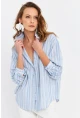 Kadın Mavi Çizgili Keten Gömlek ROP102