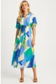 Kadın Mavi Desenli Kruvaze Midi Elbise HT108