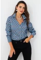 Kadın Mavi Desenli Saten Gömlek SHR9