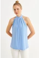 Kadın Mavi Halter Yaka Desenli Bluz LPP1273
