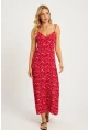 Kadın Mercan İp Askılı Çiçekli Midi Elbise GÇ172