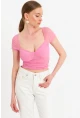 Kadın Pembe Büzgülü Tül Crop Bluz TPG04