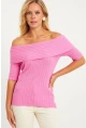 Kadın Pembe Madonna Yaka Triko Bluz KZ538