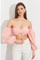 Kadın Pudra Balon Kol Crop Bluz ROP111