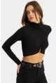 Kadın Siyah Aksesuarlı Crop Bluz EY2944