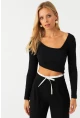 Kadın Siyah Asimetrik Crop Bluz EY2997