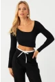 Kadın Siyah Asimetrik Crop Bluz EY2997