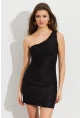 Kadın Siyah Asimetrik Yaka Astarlı Mini Elbise LİT109-1