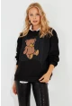 Kadın Siyah Ayıcık Baskılı Sweatshirt ZM288