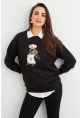 Kadın Siyah Ayıcık Nakışlı Sweatshirt PKA1590