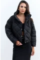 Kadın Siyah Beli Lastikli Yarasa Kol Şişme Mont MX11