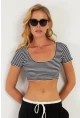 Kadın Siyah-Beyaz Çizgili Crop Bluz XL2022