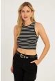 Kadın Siyah-Beyaz İkili Çizgili Crop Bluz CG346