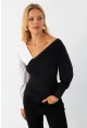 Kadın Siyah-Beyaz Kruvaze Bluz LİK8