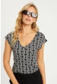 Kadın Siyah-Beyaz V Yaka Desenli Bluz LPP1285