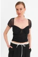 Kadın Siyah Büzgülü Tül Crop Bluz TPG04