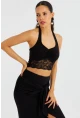 Kadın Siyah Dantel Detaylı Crop Bluz B2549