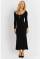 Kadın Siyah Düğme Detaylı Kaşkorse Midi Elbise EY2854