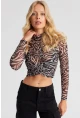 Kadın Siyah-Ekru Zebra Desenli Tül Bluz AYD262
