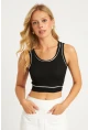 Kadın Siyah Fitilli Crop Bluz CG359
