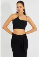 Kadın Siyah İp Askılı Crop Bluz B2594