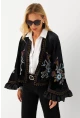 Kadın Siyah İspanyol Kol Nakışlı Kadife Simli Ceket QS5577